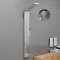 Chrome shower panel with mixer, angled view showing rainfall shower head, handheld shower and tub spout