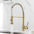 Kitchen faucet and sprayer installed on sink, gold high arc pull out tap for easy utensil washing