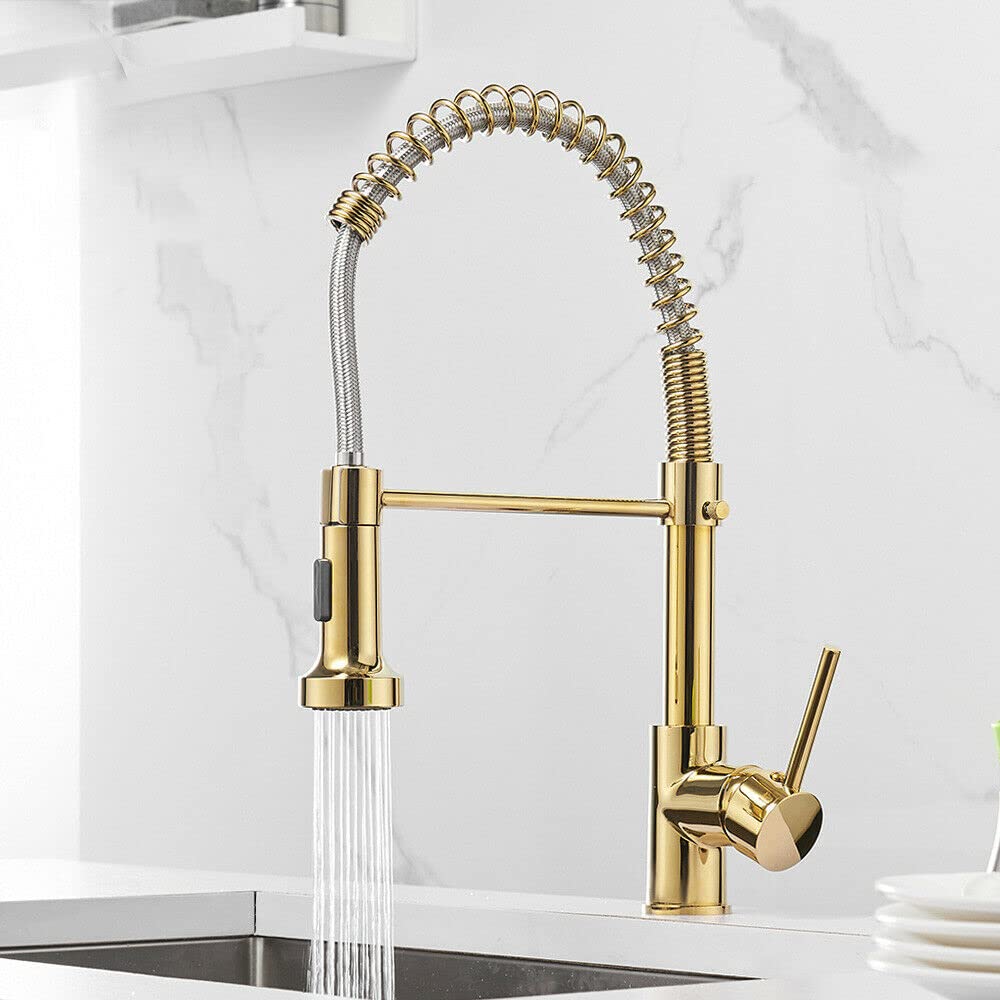 Kitchen faucet and sprayer installed on sink, gold high arc pull out tap for easy utensil washing