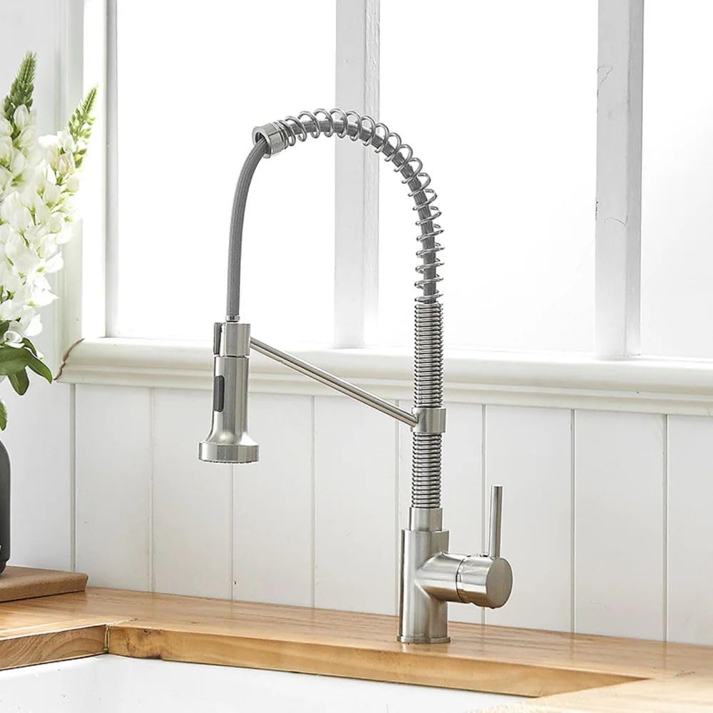 InArt kitchen faucet with sprayer, brushed chrome gooseneck sink mixer tap with 360° pull-down spray head