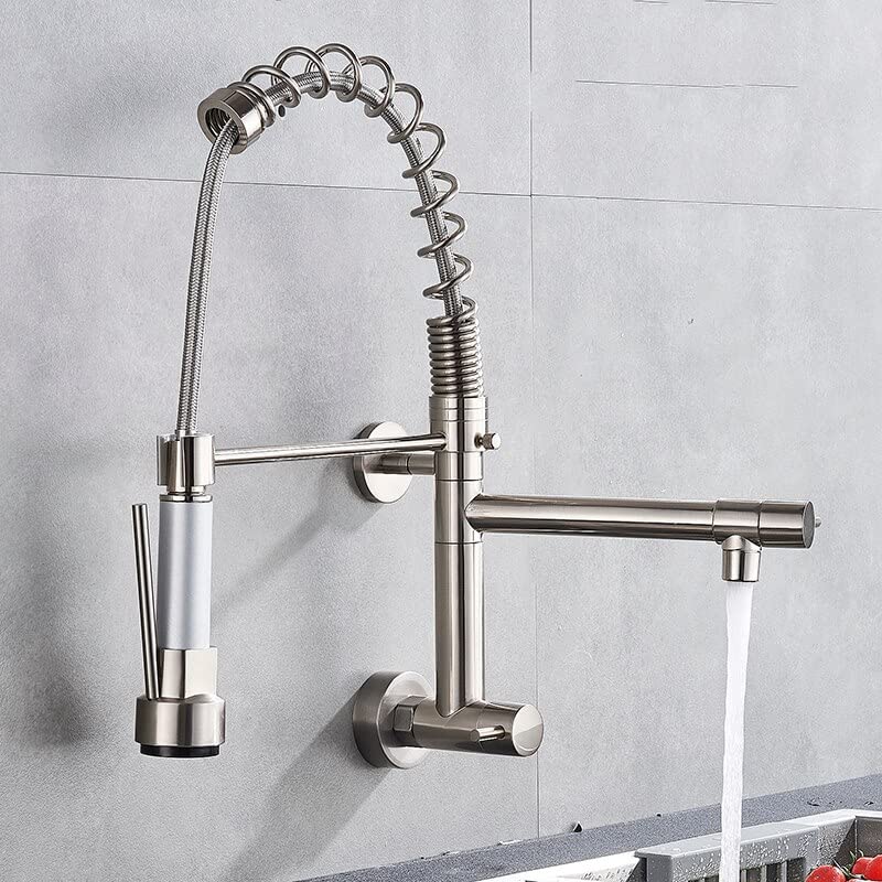 InArt wall mounted kitchen sink tap in chrome brass with 360° swivel spout and pull-down sprayer, front view