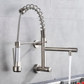 InArt wall mounted kitchen sink tap in chrome brass with 360° swivel spout and pull-down sprayer, front view