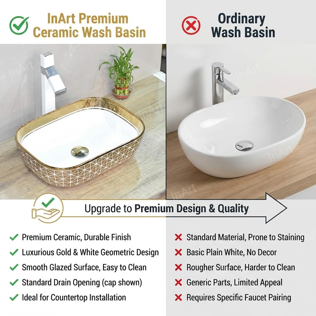 Table top wash basin cabinet design idea for Indian washroom, gold ceramic basin on counter