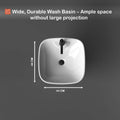 Close-up of glossy white square ceramic wash basin bowl with smooth edges, premium sanitaryware finish