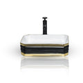Rectangular table top basin design in ceramic, matte black and gold finish, angled view for washroom