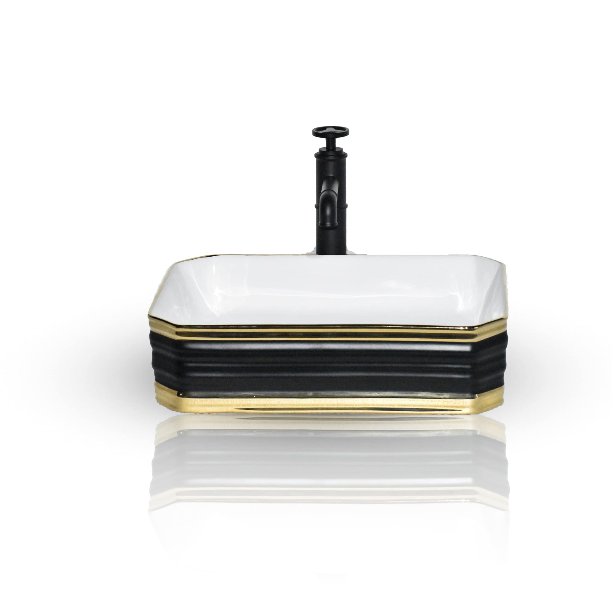 Rectangular table top basin design in ceramic, matte black and gold finish, angled view for washroom