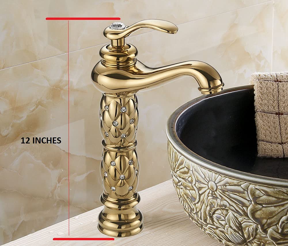 InArt brass bathroom sink tap in golden colour, single hole basin mixer tap close-up of handle and spout