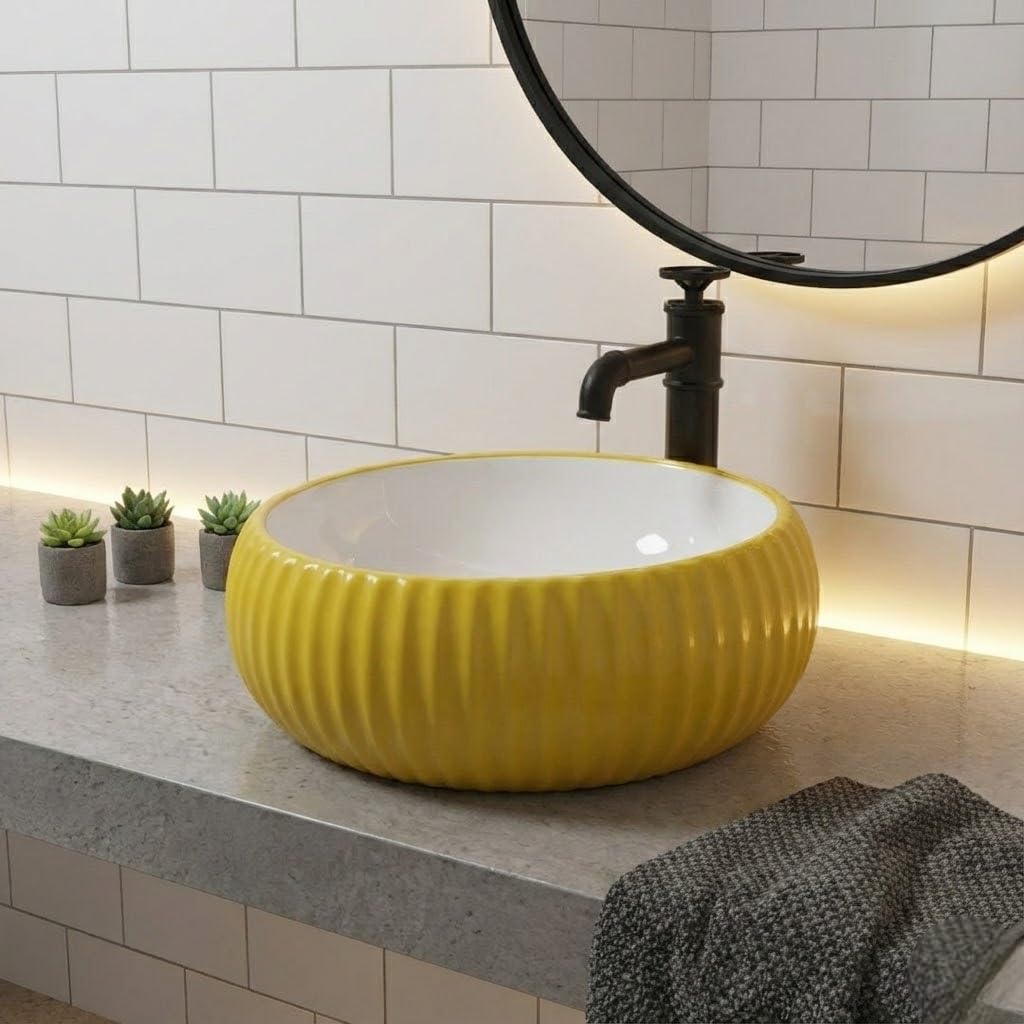 InArt table top wash basin design, glossy yellow square ceramic basin 16x16 inch, front view