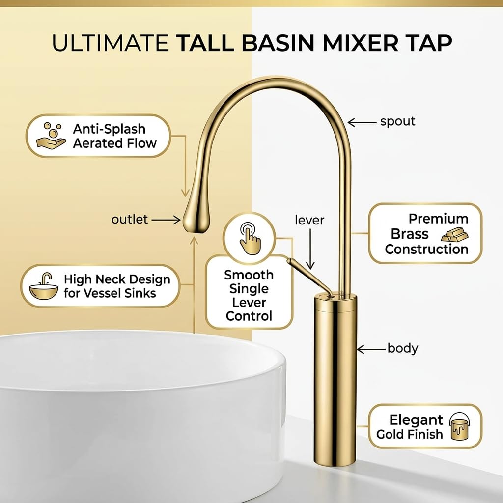 Single lever wash basin mixer in gold brass, 3/4 angle view with gooseneck spout for stylish washroom