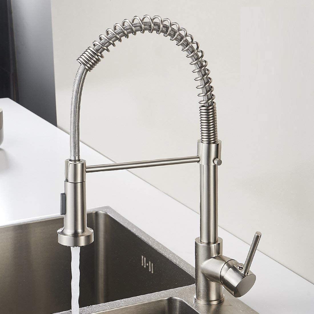 InArt kitchen sink and tapware stainless steel high-arc pull-down mixer tap in brushed chrome, front view