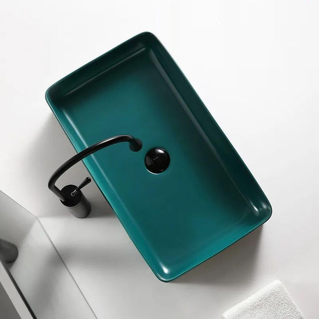 InArt cera table top wash basin, ceramic rectangular matte green counter basin, front view