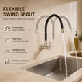 Matte black flexible spout kitchen tap positioned for rinsing and cleaning wash basin corners