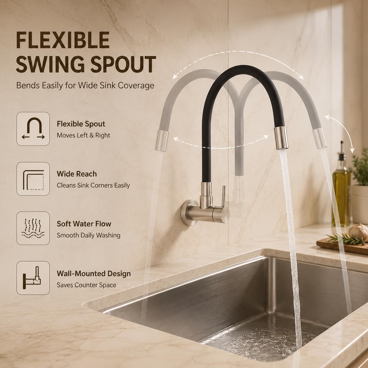 Matte black flexible spout kitchen tap positioned for rinsing and cleaning wash basin corners
