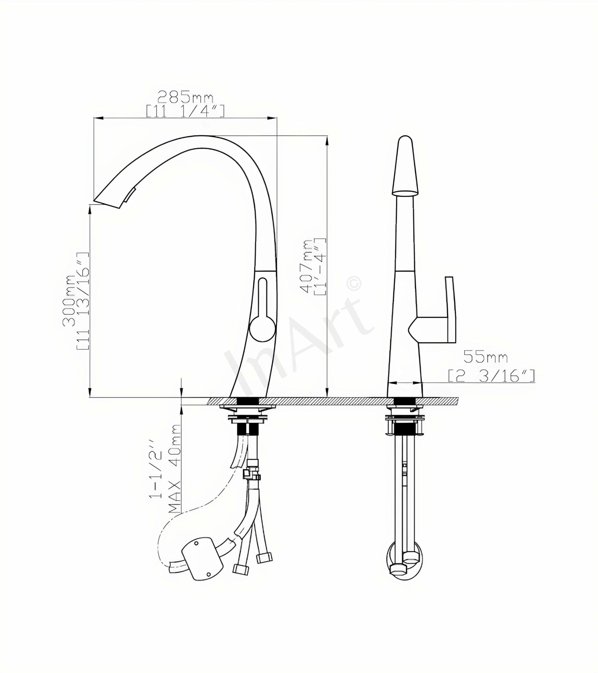 Matte black kitchen pull out faucet, high arc spring neck sink mixer tap shown at side angle