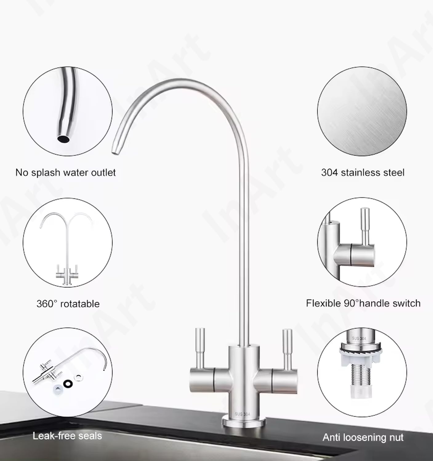 InArt kitchen tap with drinking water filter connection, SS304 body detail showing sturdy base and mounting
