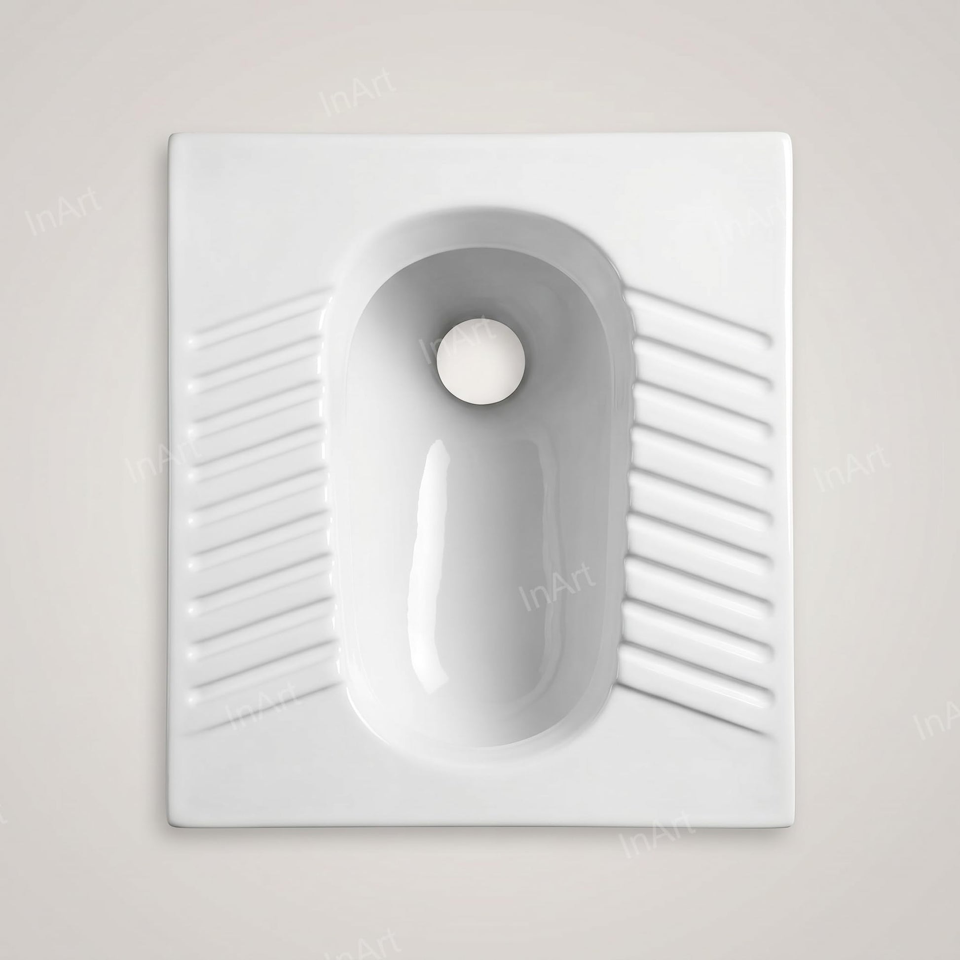 Indian style toilet pan 20 inch in glossy white ceramic, angled top view for bathroom