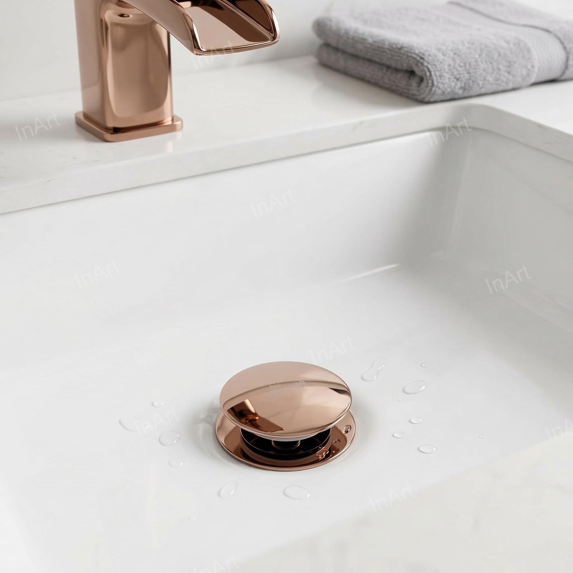 Close-up of InArt wash basin waste coupling full threaded brass body in rose gold finish
