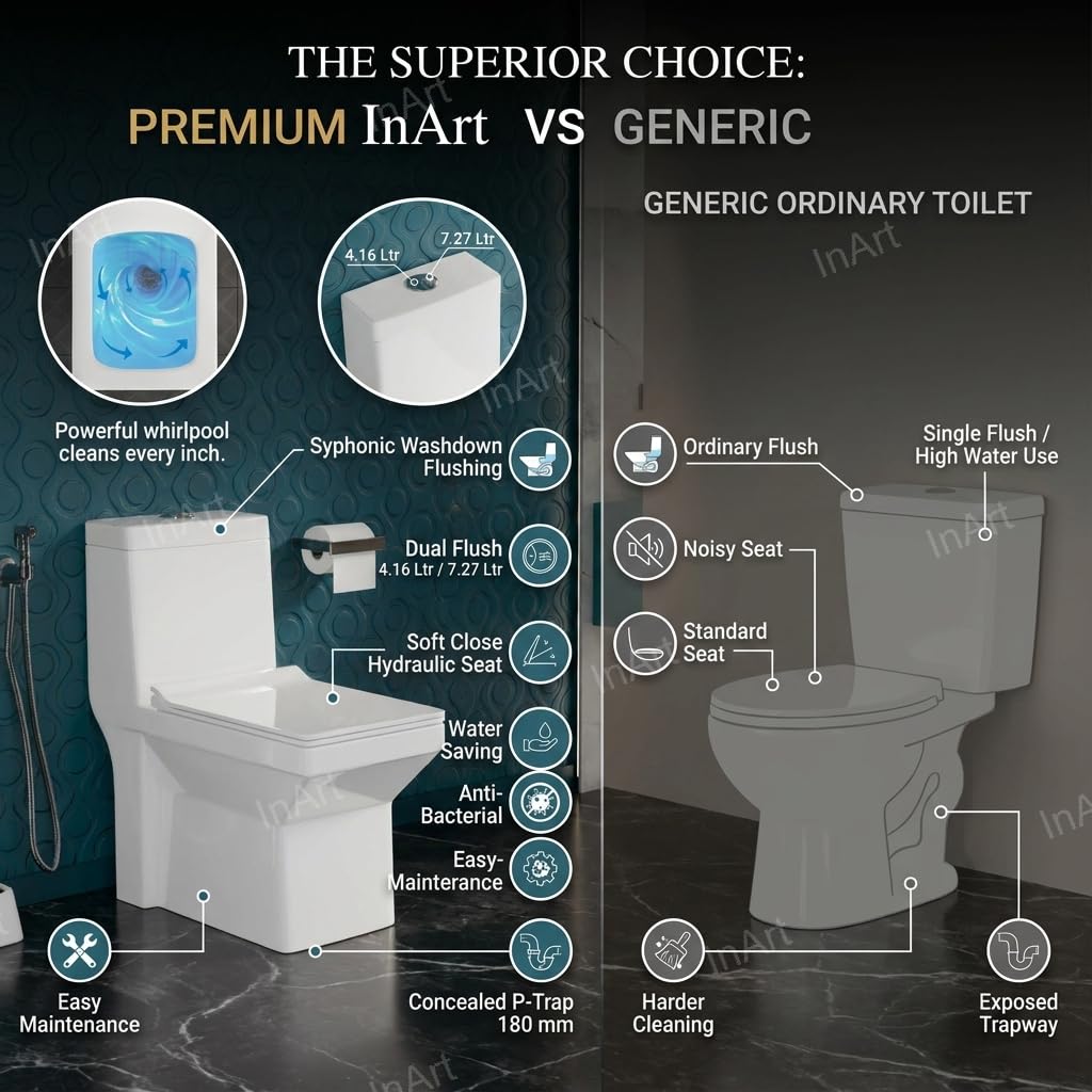 InArt ceramic floor mounted western toilet installed in bathroom, single piece commode with flush tank in white