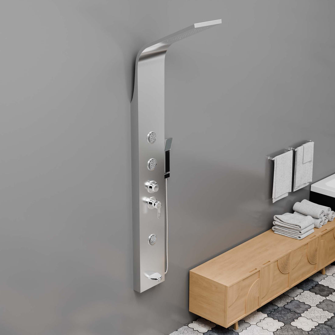 Blue ocean shower tower by InArt in chrome stainless steel rectangular shower panel set, main front view