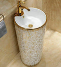 InArt white and gold wash basin with glossy finish, premium ceramic pedestal basin close-up rim detail