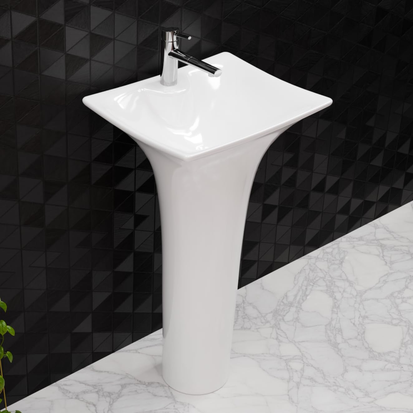 InArt ceramic pedestal wash basin in glossy white, rectangular free standing design, front view