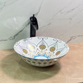 Round table top wash basin with glossy blue yellow Mexican pattern, premium ceramic sanitaryware
