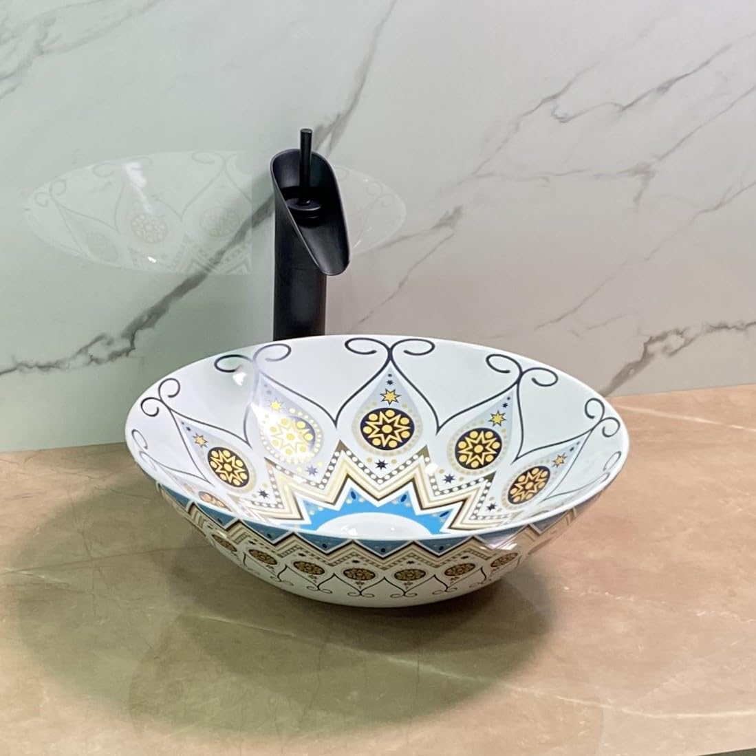 Round table top wash basin with glossy blue yellow Mexican pattern, premium ceramic sanitaryware