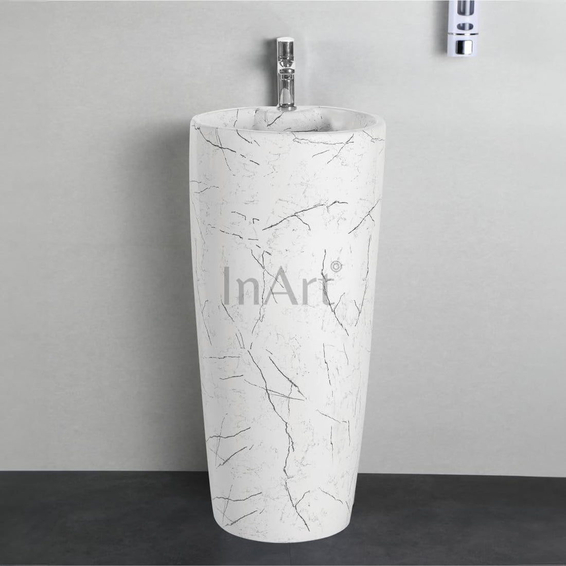 Washbasin design for hall by InArt, round ceramic one piece pedestal wash basin in glossy white marble finish