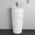 Washbasin design for hall by InArt, round ceramic one piece pedestal wash basin in glossy white marble finish
