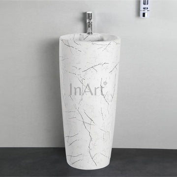 Washbasin design for hall by InArt, round ceramic one piece pedestal wash basin in glossy white marble finish