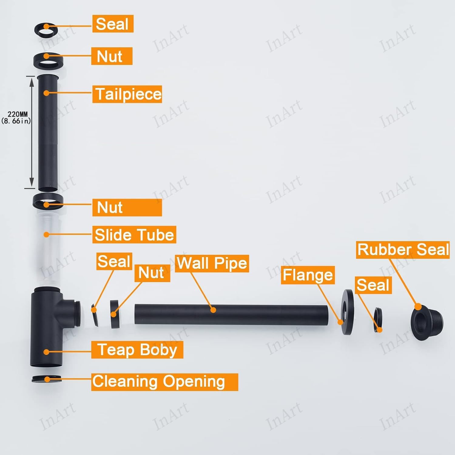 Black matt sanitaryware bottle trap for pedestal wash basin, brass cylindrical drain trap installed look