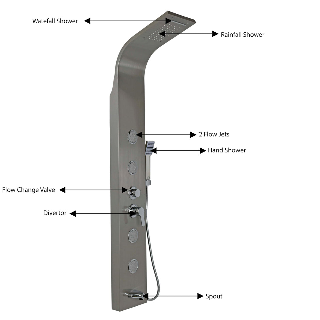InArt chrome shower tower in 304 stainless steel, rectangular brushed finish shower panel front view