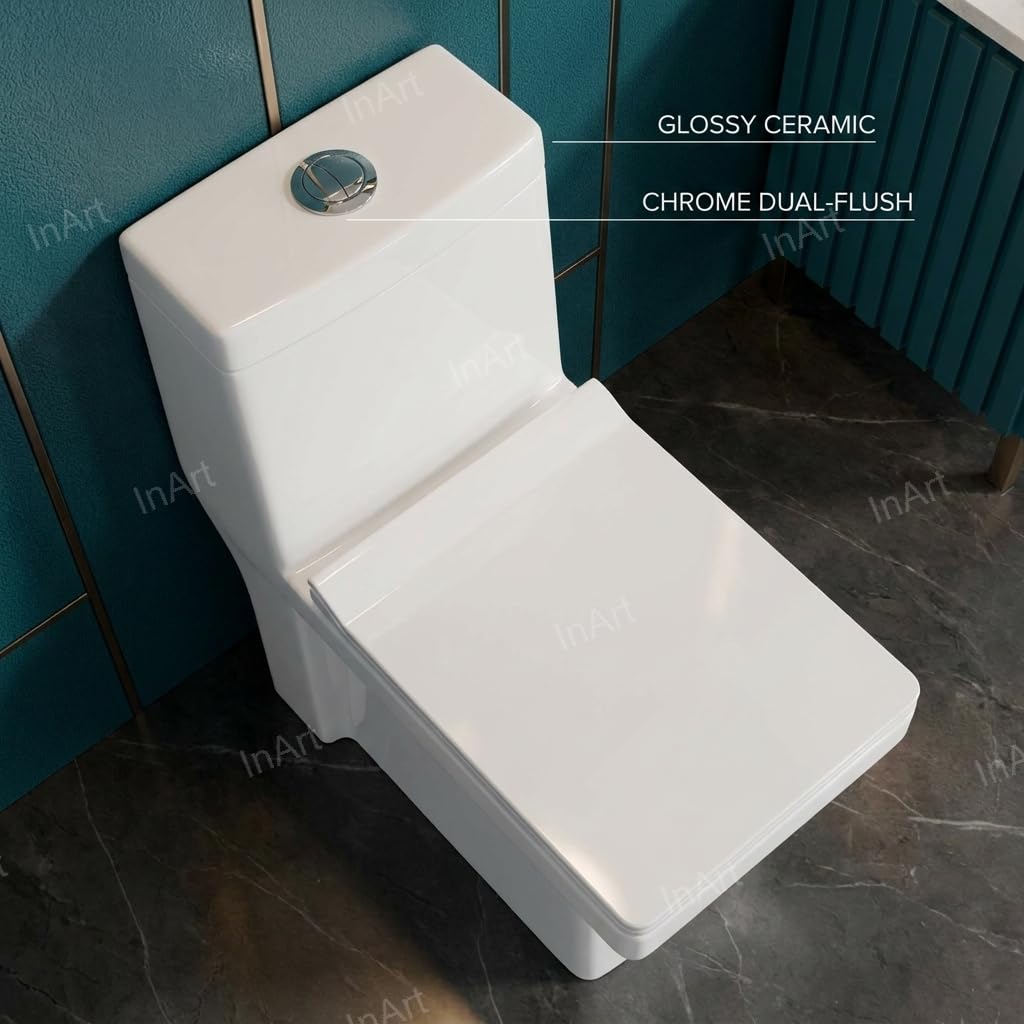 Single piece western commode side angle view, ceramic floor mounted European water closet in glossy white