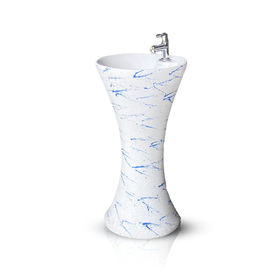 InArt damru wash basin ceramic round one piece pedestal in glossy blue white, front view