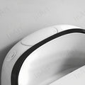 Designer western toilet commode in glossy white and black, front angle view with soft close seat