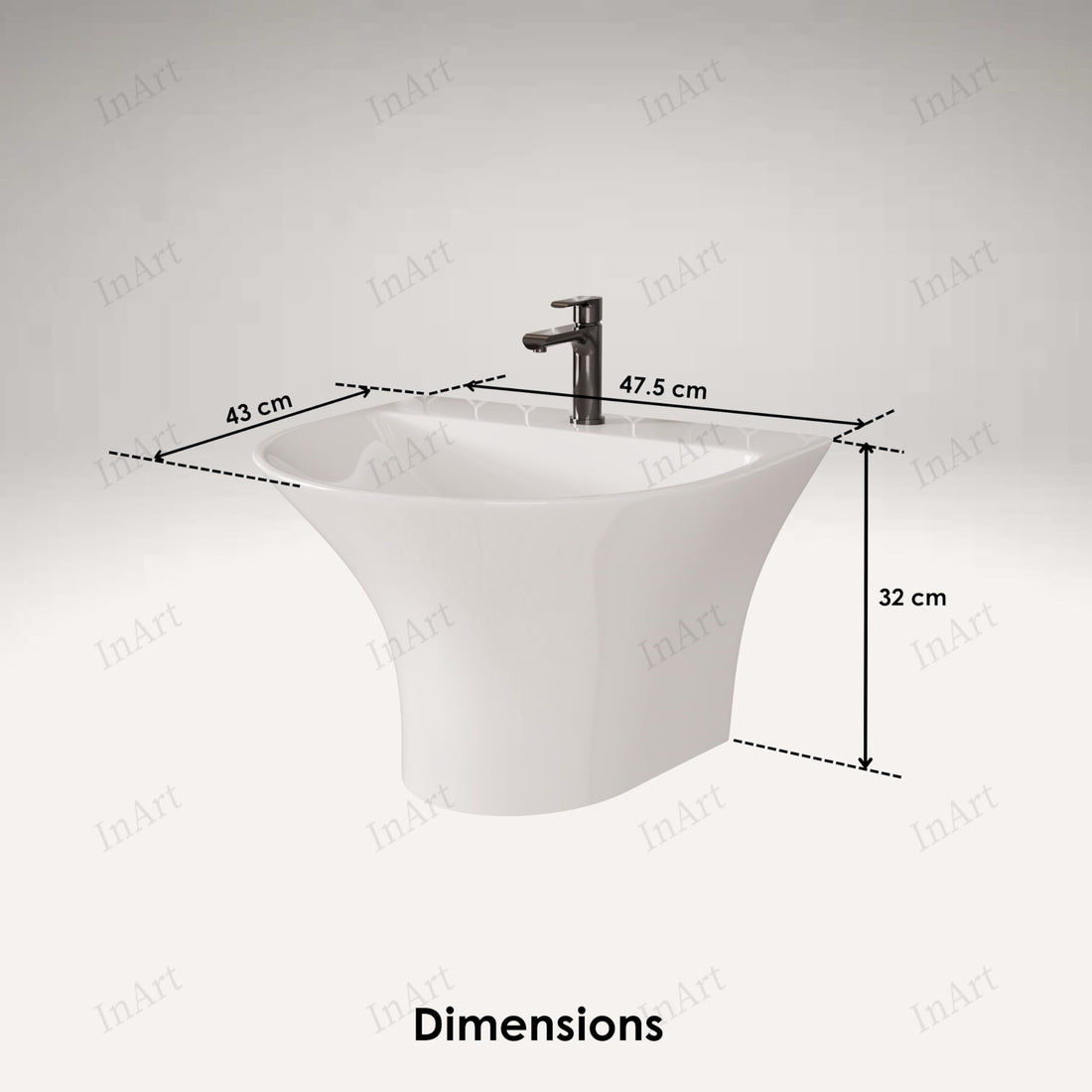 InArt wall mounted wash basin in glossy white ceramic, rectangular half pedestal design, front view