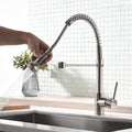InArt kitchen sink faucet with pull down sprayer, multi-function spray head close-up in chrome