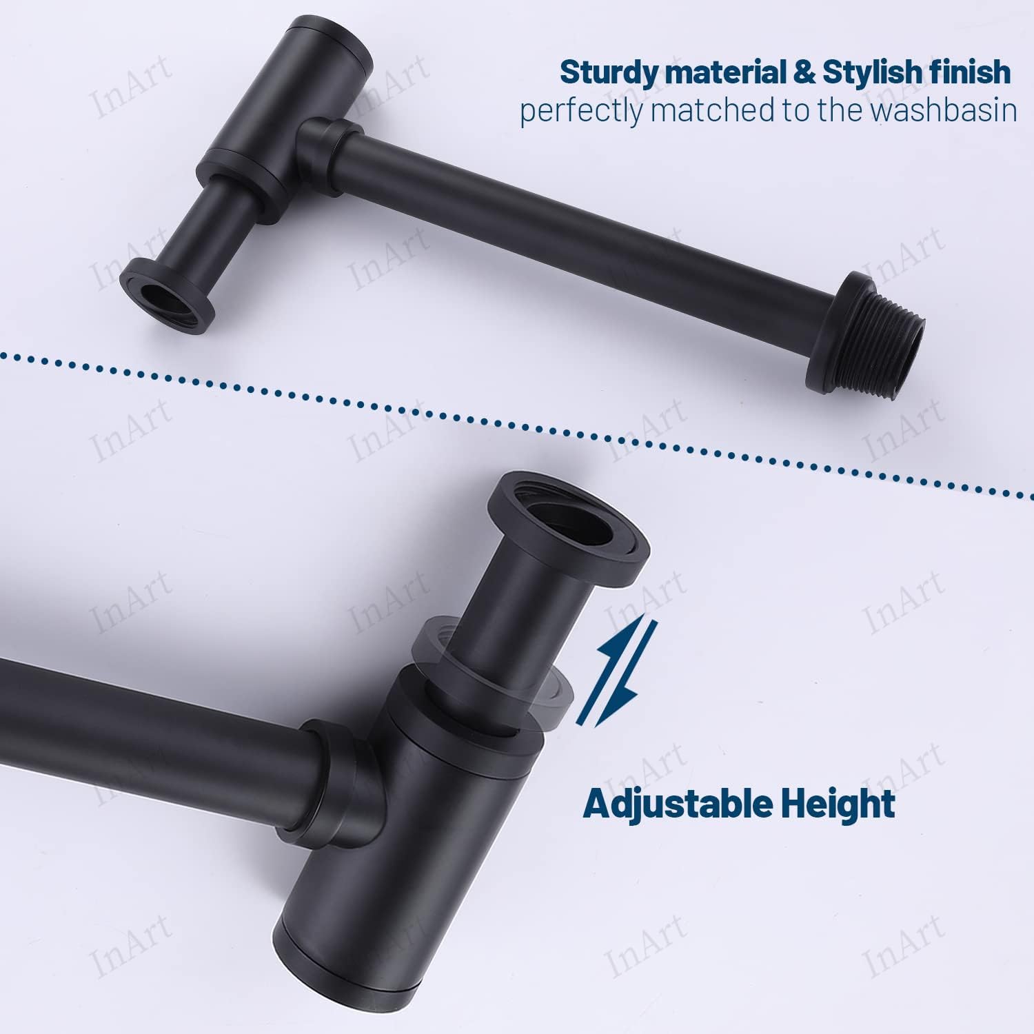 Matt black bottle trap for wash basin with 12 inch pipe, brass heavy duty drain trap front view