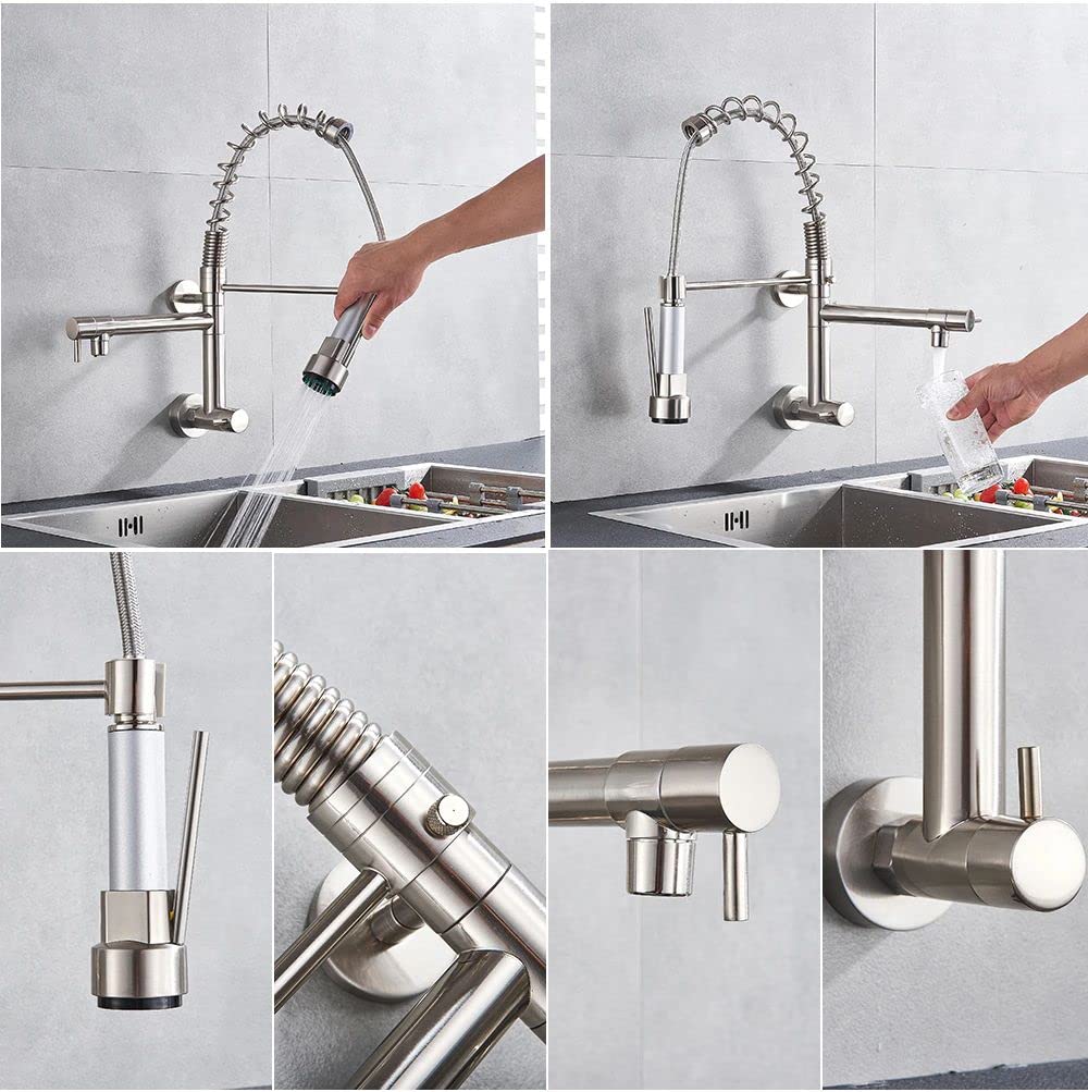 Kitchen faucet with sprayer showing multi-function spray head and nozzle settings in chrome