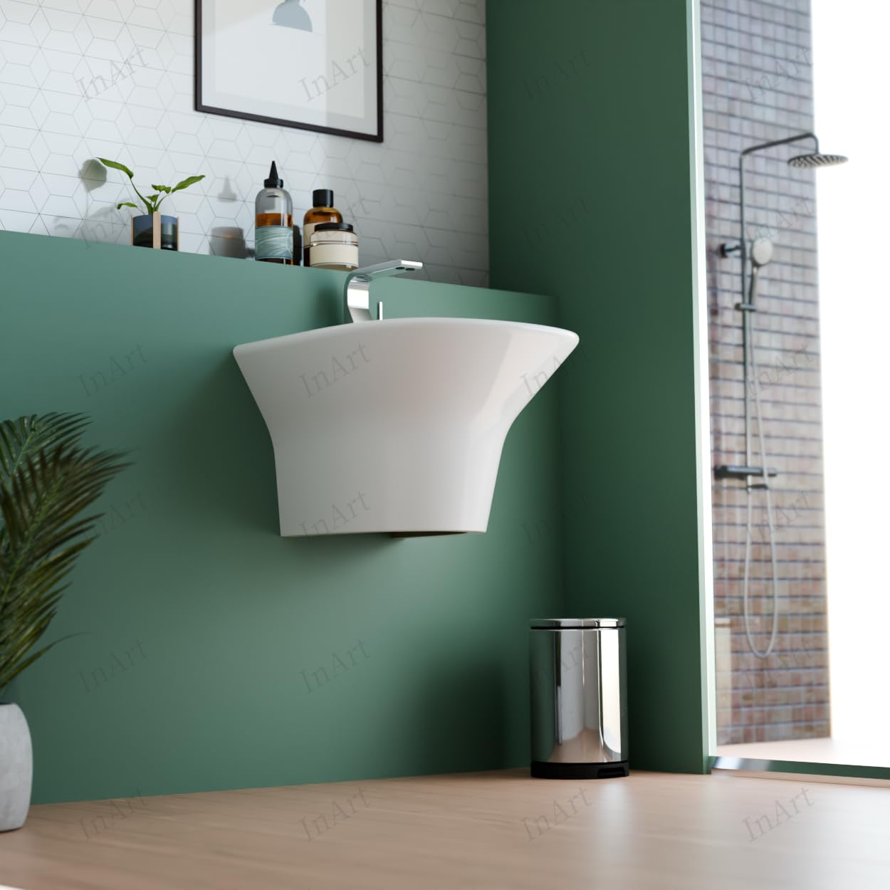 Small wash basin for bathroom, compact wall mounted sink basin with half pedestal in glossy white ceramic