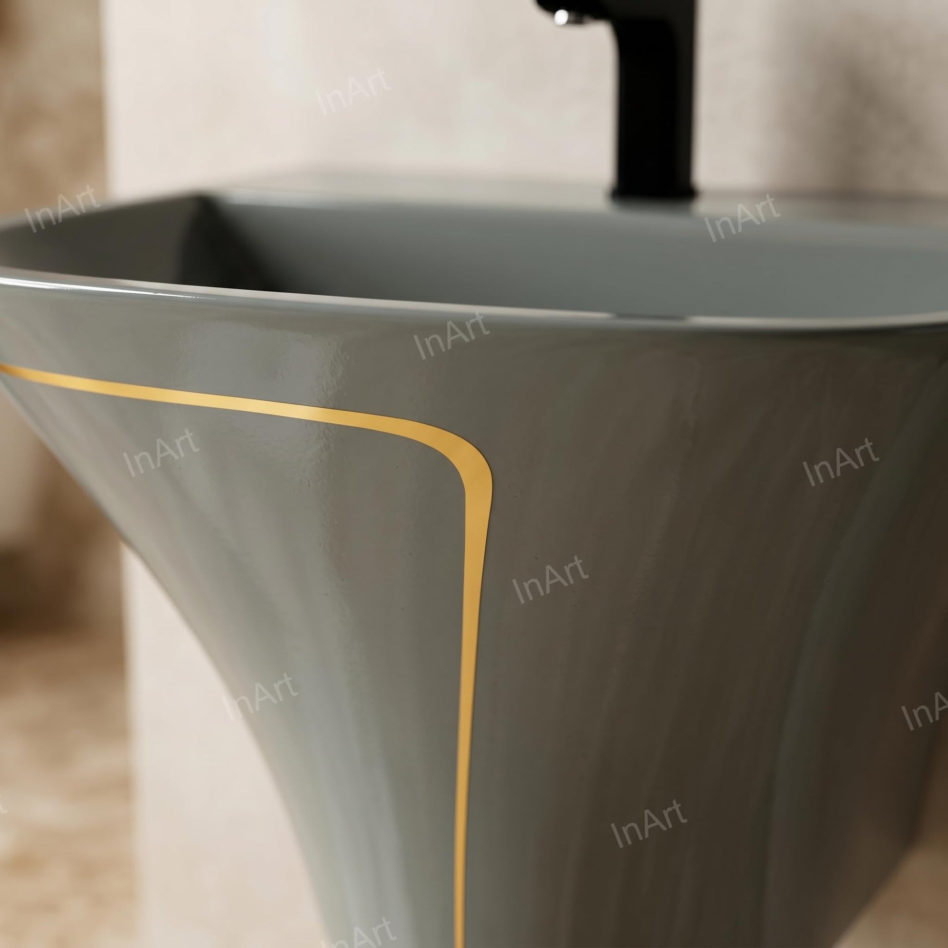 Wall hanging wash basin with half pedestal, premium ceramic sanitaryware in glossy grey for compact washroom