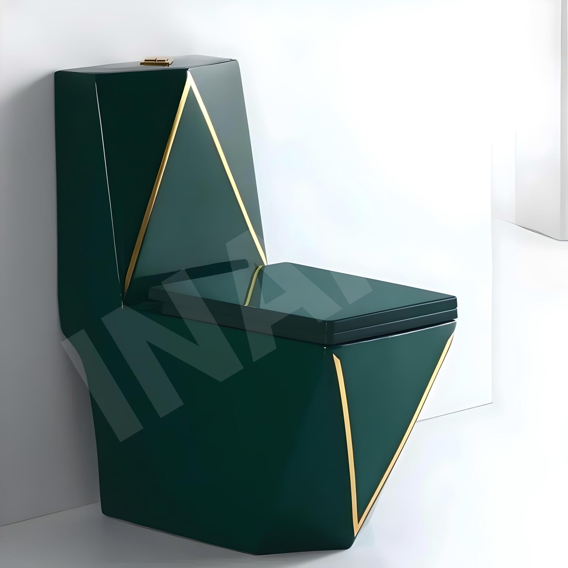 InArt single piece western toilet in ceramic, elongated one piece EWC with green commode and glossy blue flush tank