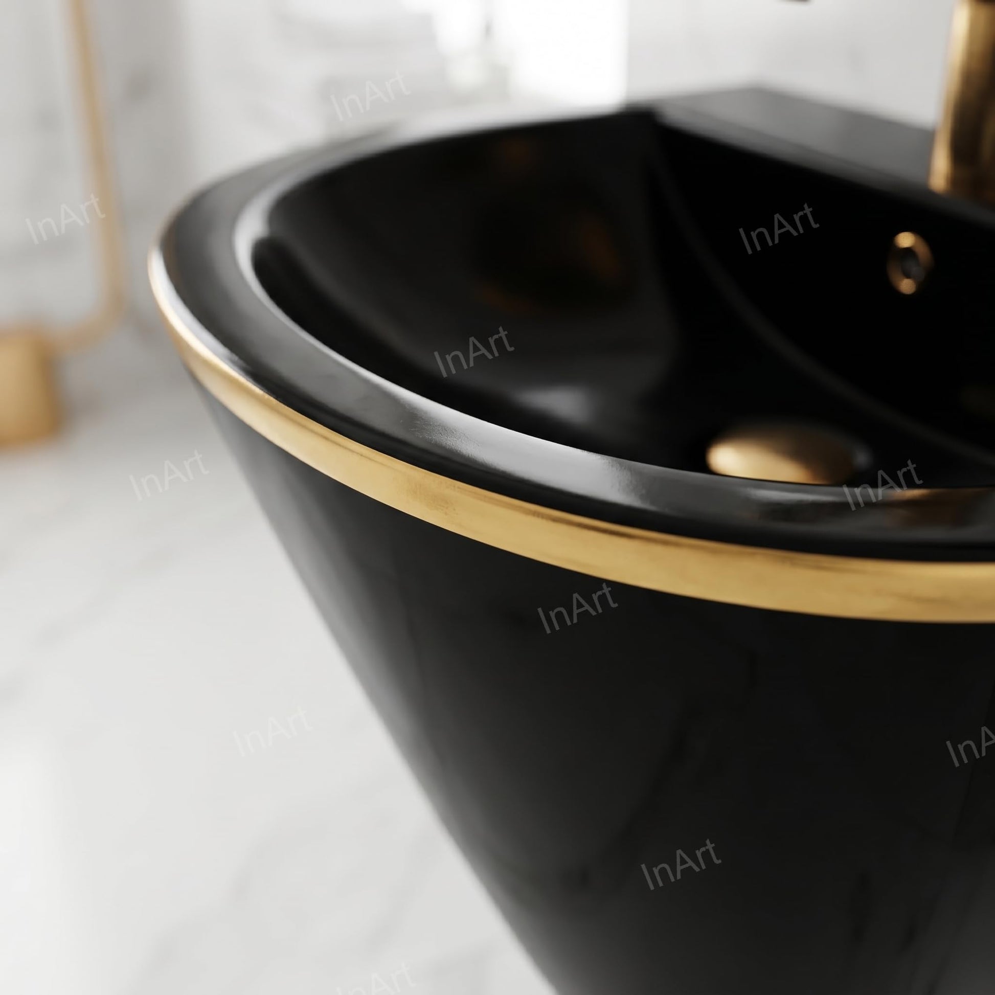 Small wall mounted sink for compact bathroom, rectangular black and gold wall hung wash basin setup