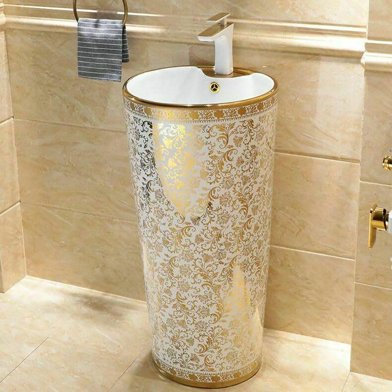 InArt pedestal wash basin designs in ceramic, round 42x42 cm glossy white with gold, front view
