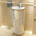 InArt pedestal wash basin designs in ceramic, round 42x42 cm glossy white with gold, front view