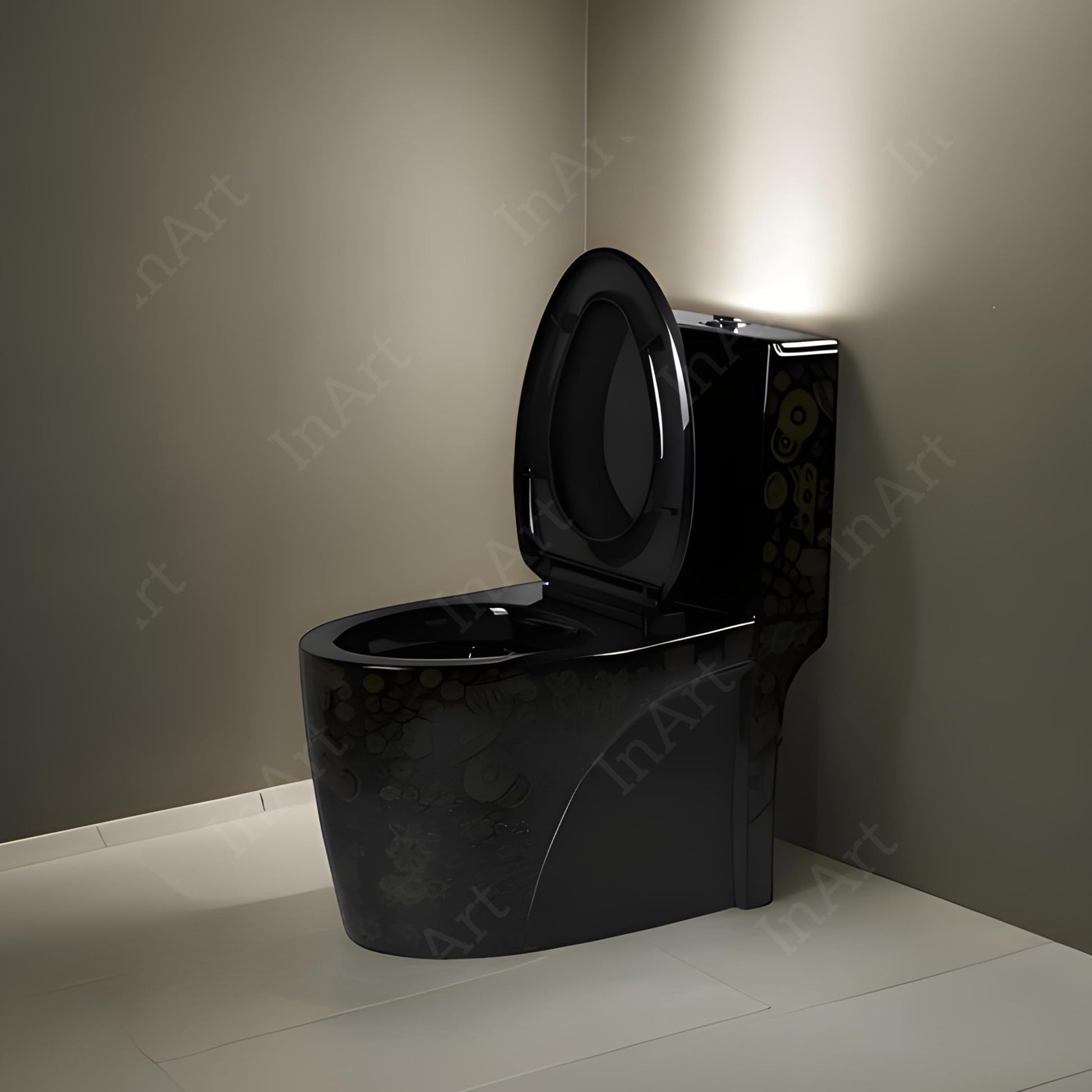 Close-up of soft close seat and glossy white ceramic finish on floor mounted western toilet commode for modern bathroom