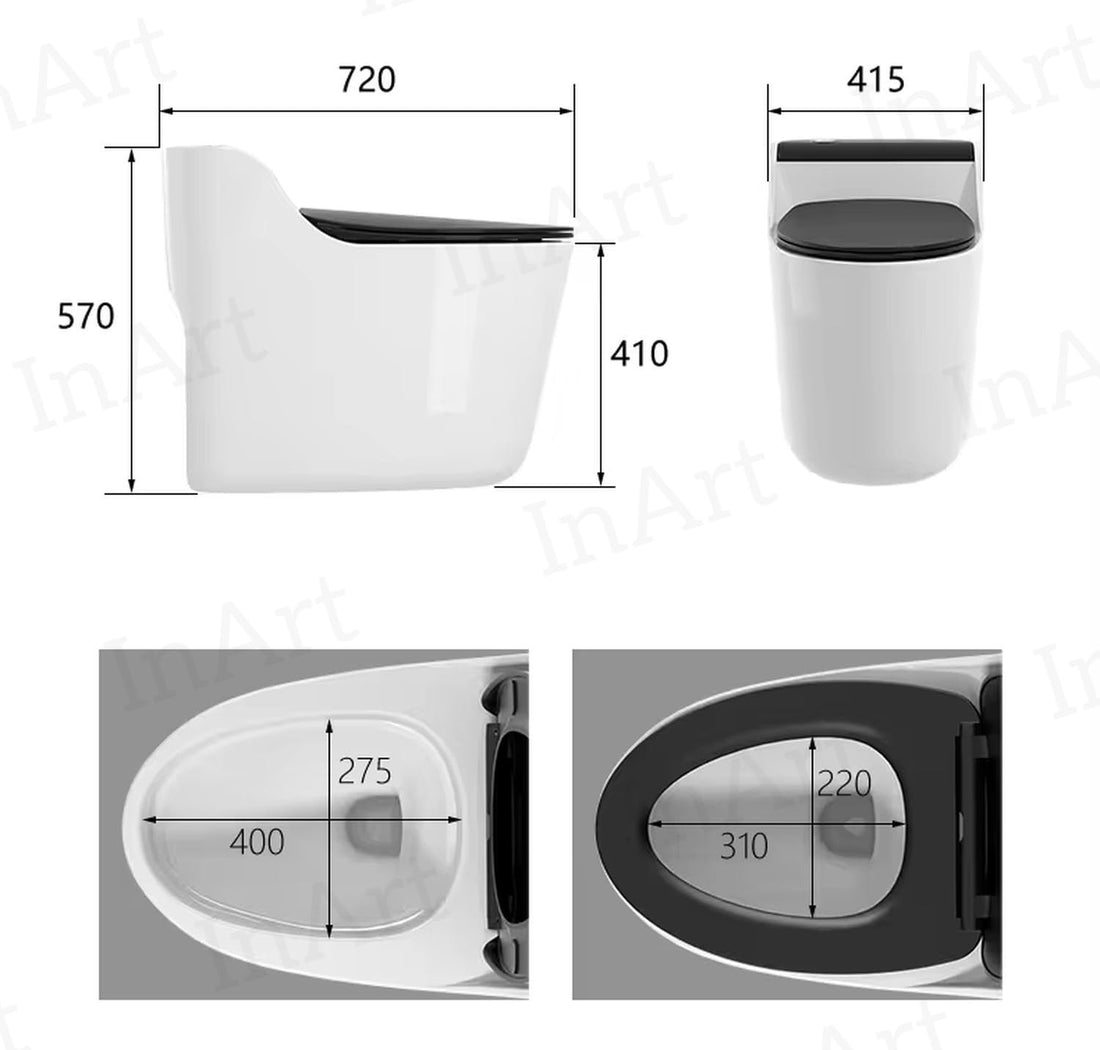 cera single piece commode by InArt, glossy black ceramic oval rimless one-piece western toilet with soft close seat