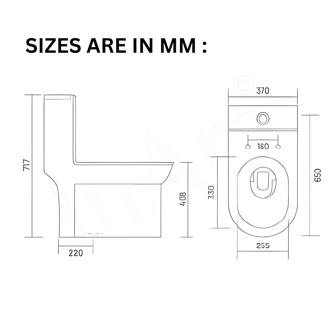 Single piece western toilet by InArt in glossy white ceramic, elongated oval floor mounted EWC front view