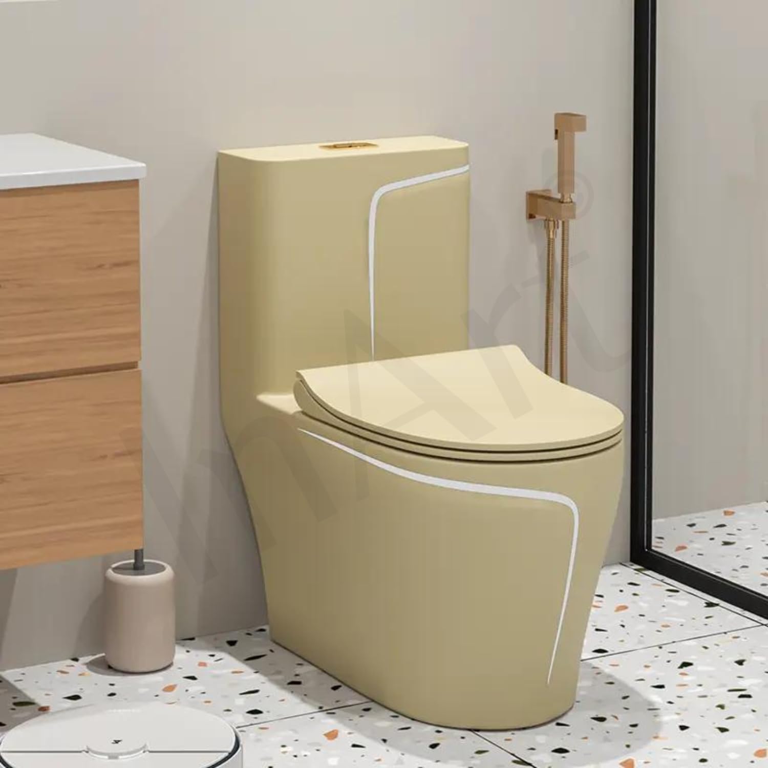 Close-up of InArt dual flush tank buttons on glossy khakhi ceramic floor mounted western toilet for modern bathroom