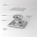InArt 5x5 inch square floor drain jali, angled view showing slotted flat cut stainless steel top
